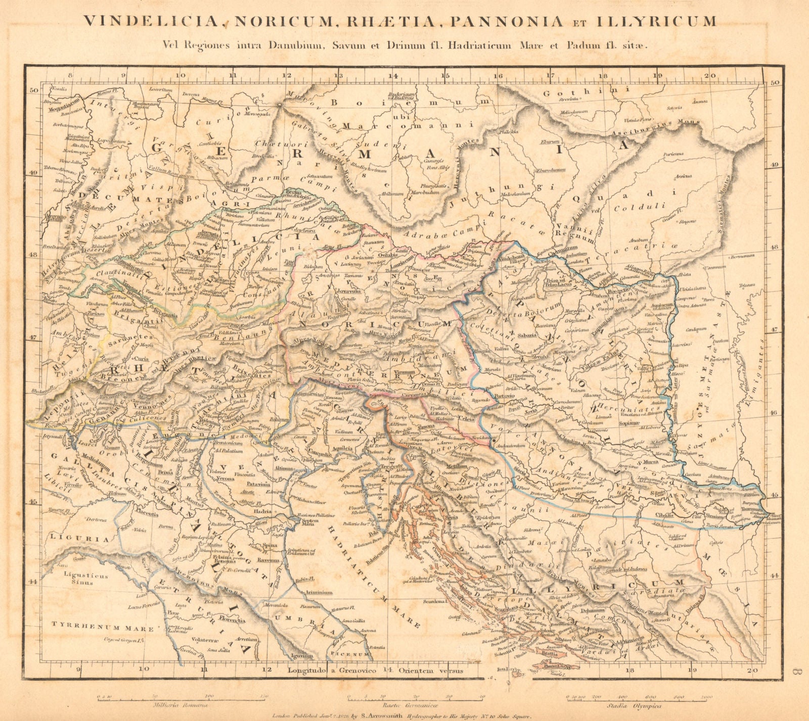 ANCIENT CENTRAL EUROPE. Vindelicia Noricum Rhaetia Pannonia. ARROWSMITH 1828 map